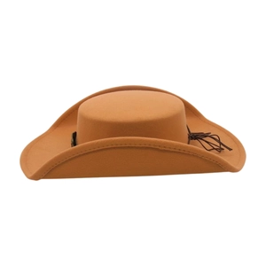 Detail of camel orange felt cowboy hat with upturned brim and dark brown rope drawstring