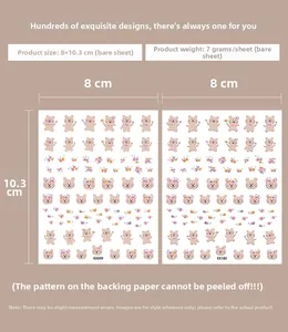 Detail of ultra-thin adhesive nail stickers with cartoon bears and flowers, size 8x10.3cm