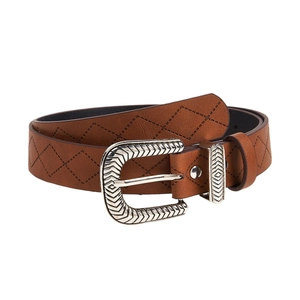 Brown textured leather belt with western style engraved silver buckle and diamond stitch pattern