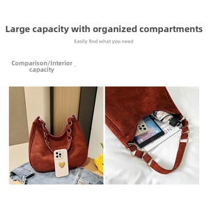 Detail showing internal capacity and phone size comparison for the brown shoulder bag