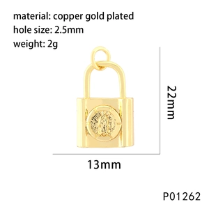 Detailed view of a gold-plated copper heart padlock pendant with religious figure engraving