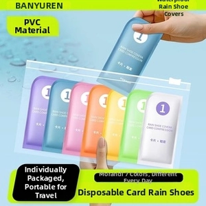 Detail of portable card-sized raincoats in 7 colors with a compact waterproof storage bag