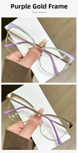 Detail view of the cat-eye purple and gold metal frame showing the modern temple design