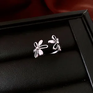 Hollow Double Flower Open Ring Silver Color Copper Adjustable Retro Minimalist Aesthetic Jewelry Gift For Women