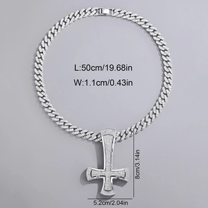 Detailed size specifications for iced out inverted cross pendant and Cuban chain necklace