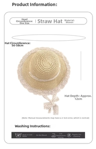 Close-up of beige straw hat with delicate white lace trim and bow detailing