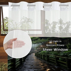 Detail of white sheer waffle curtain showing privacy protection and grommet top design