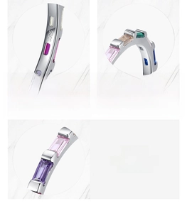 Dettaglio dell'anello in argento 925 con zirconi rettangolari in colori assortiti