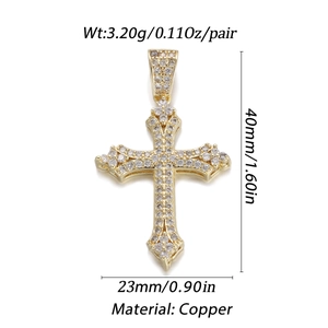 Detail view of 18K gold copper cross pendant with cubic zirconia and size dimensions