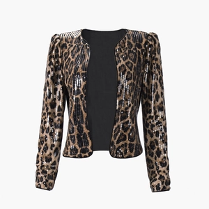 Close-up of leopard print sequins on the jacket showing high-density shimmer and black trim