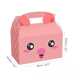 Detailed view of pink pig farm animal party gift box with 3D ears and dimensions