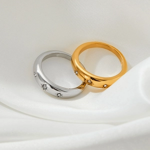 Polished stainless steel eight-pointed star rings with zircon in gold and silver