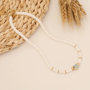 Handmade necklace with crystal shell beads and gold star evil eye pendant charm