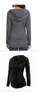 Detail view of maternity hoodie featuring V-neck hood and side ruching for belly comfort