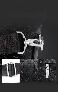Close-up of durable silver metal hardware and textured embossed pattern on the black bag