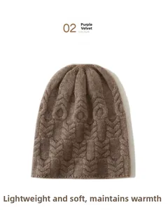Detailed knit pattern on a purple-velvet cashmere beanie showing soft texture
