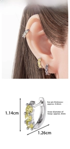 Detail view of 8mm zircon hoop earrings with dimensions and model styling showcase