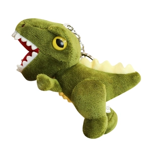Cute green plush dinosaur keychain with soft texture and yellow scales detail