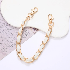 Elegant gold metal and white leather woven chain strap for handbag with lobster clasps