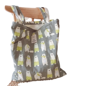Eco-friendly grey cotton tote bag featuring cute polar bear prints with handles
