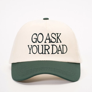 Retro two-tone baseball cap in beige and dark green with Go Ask Your Dad embroidery
