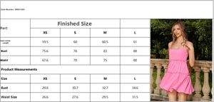 Detailed size guide table for pink summer mini dress including bust and waist measurements