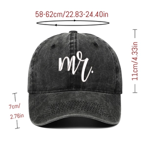Detailed size specifications for washed denim baseball cap with Mr embroidery