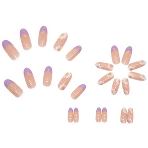 Long ballet style press-on nails featuring purple French design and daisy floral patterns
