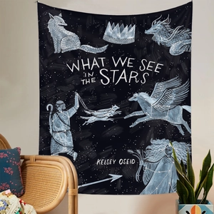 Detail view of astronomical constellation wall tapestry in a cozy living room setup