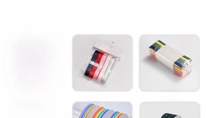 Three packaging options for colorful ribbons including eco-bags, header bags, and shrink wraps