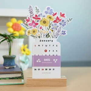 2025 Bloomy Flowers desk calendar with 3D floral paper art and wooden base for home decor