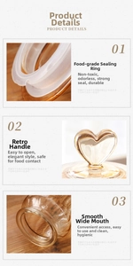 Detail view of amber glass storage jar with heart-shaped handle and airtight silicone seal
