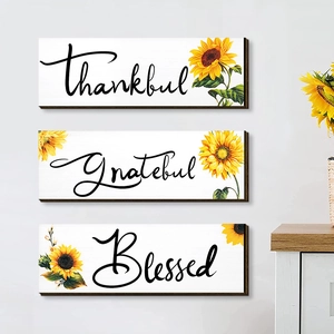 Sunflower wood wall decor set with Thankful Grateful Blessed text for farmhouse home style