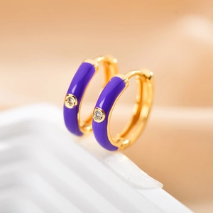 Purple enamel and gold-plated hoop earrings with sparkling zircon gemstone accents