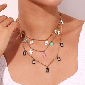 Stainless Steel Enamel Pendant Necklace For Women Gold Plated Colorful Rhinestone Geometric Teardrop Rectangular Jewelry Gift