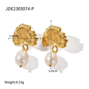 18k gold plated stainless steel ginkgo leaf earrings with white freshwater pearls