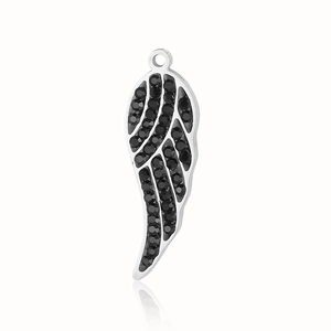 Detailed view of angel wing pendant in polished steel with black zircon stones