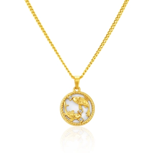 Macro shot of gold Pisces zodiac necklace pendant featuring intricate CZ stone setting