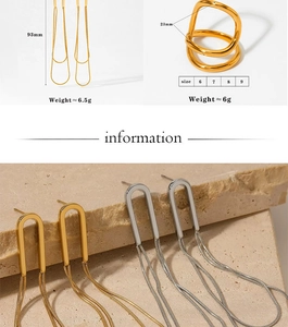 Detailed views of gold tassel earrings and double-layered ring with size specifications