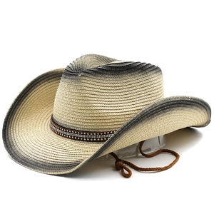 Unisex-Strohhut im Cowboy-Stil mit Strassband und verstellbarem Kinnriemen