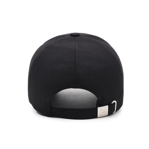 Rear view of black cotton baseball cap showing adjustable silver metal buckle and strap