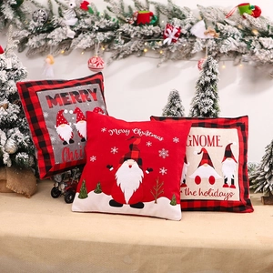 Christmas Gnome Pillow Covers Cotton Linen Cushion Cases Buffalo Plaid Border Hidden Zipper Festive Home Sofa Decor