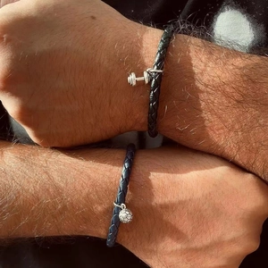 Men's braided leather bracelet with silver dumbbell and football charms for fitness lovers