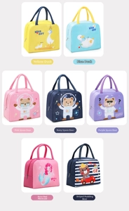 Collage showing various cartoon insulated lunch bags with durable handles and metal zippers