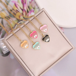 Evil Eye Heart Pendant Necklace Stainless Steel Enamel Gold Plated Dainty Jewelry For Women