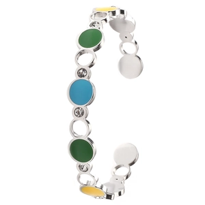 Colorful enamel C-shaped stainless steel cuff bracelet with sparkling crystal accents