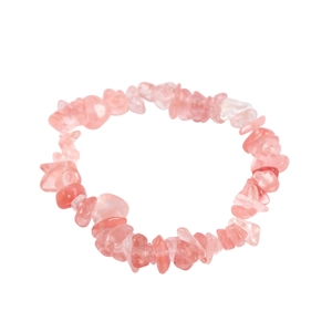 Close-up of pink natural crystal stones woven on an elastic bracelet with clear texture