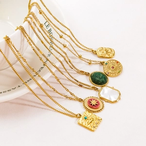 French vintage style gold stainless steel necklaces set with natural stones and charms
