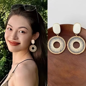 Boucles D'oreilles Pendantes Rondes Tissées Avec Tige En Argent Sterling 925 Cuivre Résine Rétro Bohème Bijoux Pour Femmes