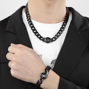 Men's black stainless steel 13mm Cuban link chain set with a black gemstone pendant